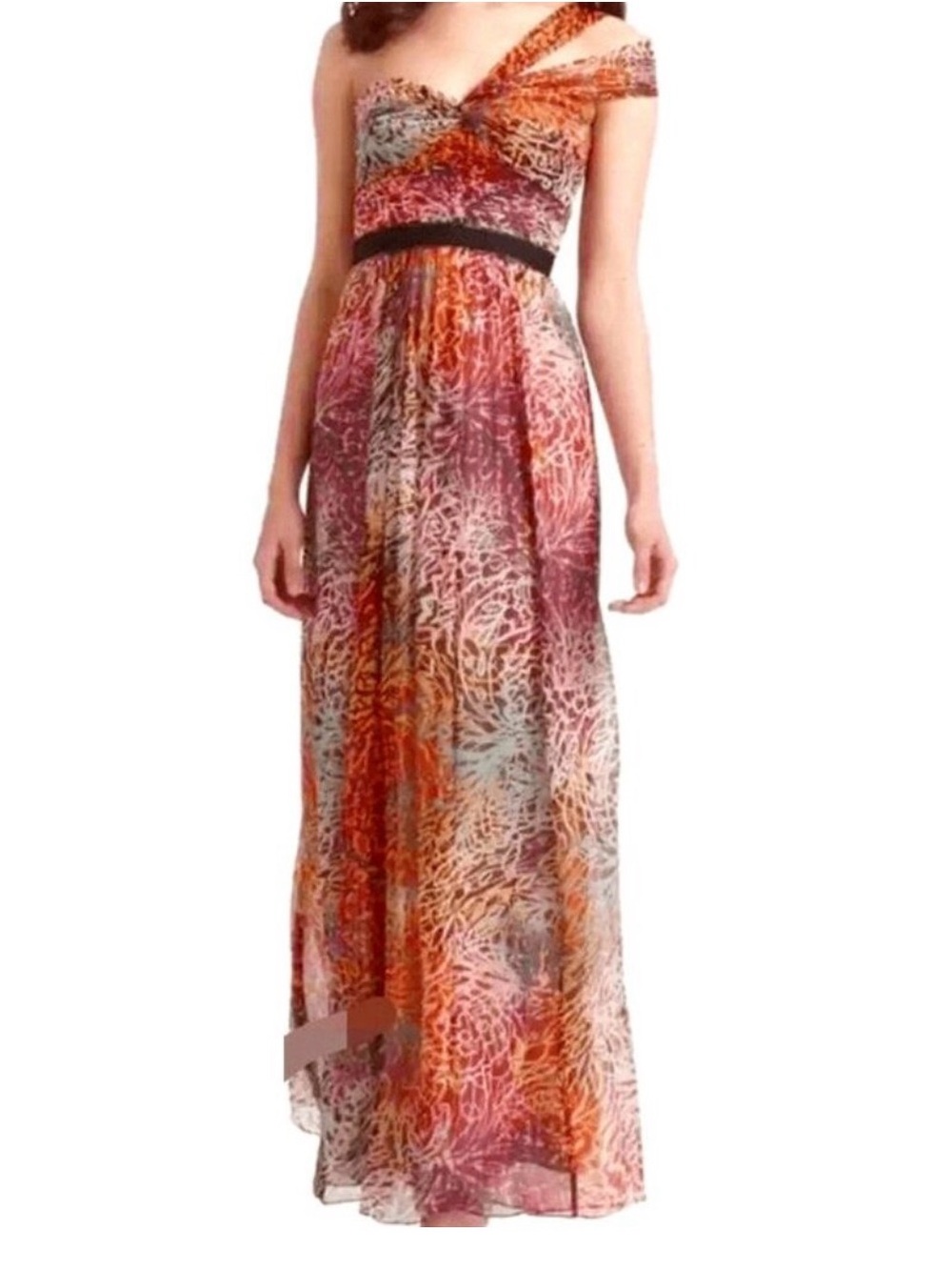 BCBG Max Azria Begonia Silk Metallic Print One Shoulder Maxi Dress Size 8